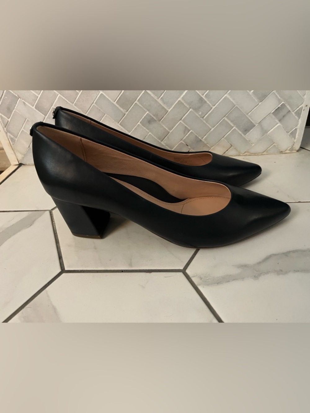 Taryn Rose Black Pointed Block Heel Pumps
